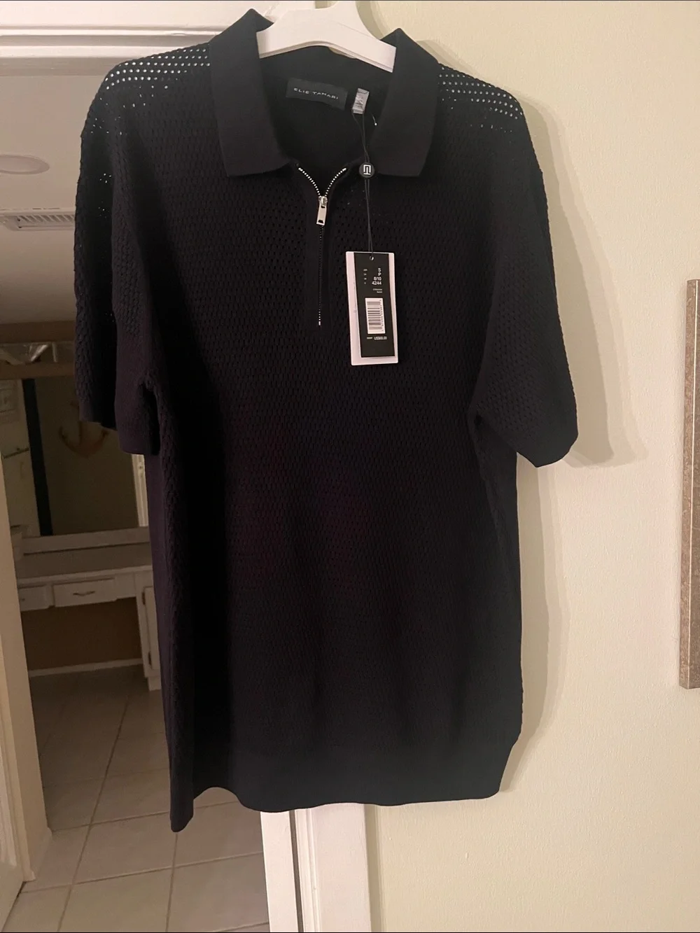 Elie Tahari Black Mesh Half-Zip Polo